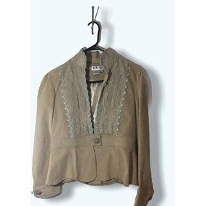 Vintage 80s Womens Blazer Lined PAPILLON LOS ANGELES Lace Pleaded Tan Size Mediu